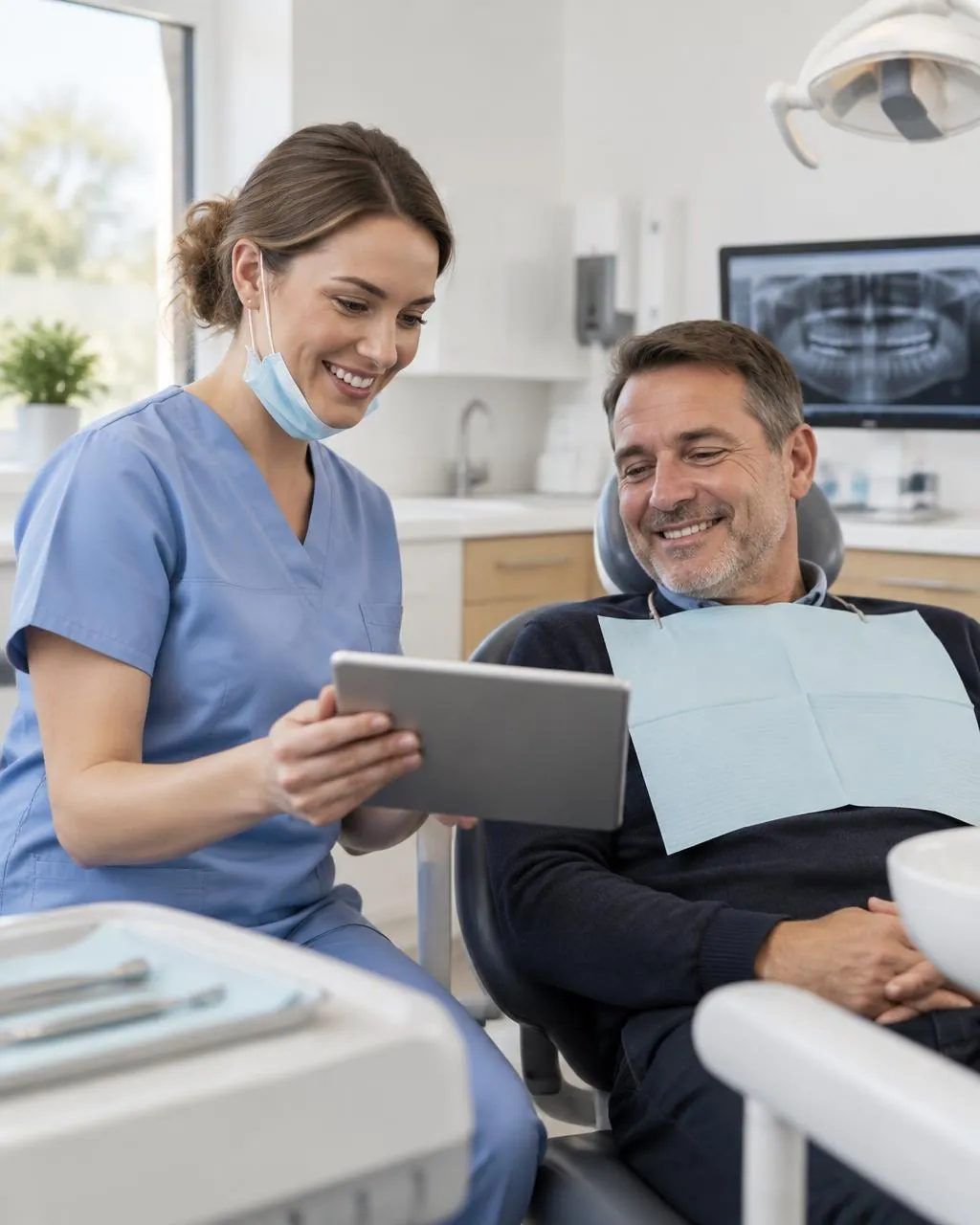 A dental nurse talking a smiling patient through his treatment on a tablet