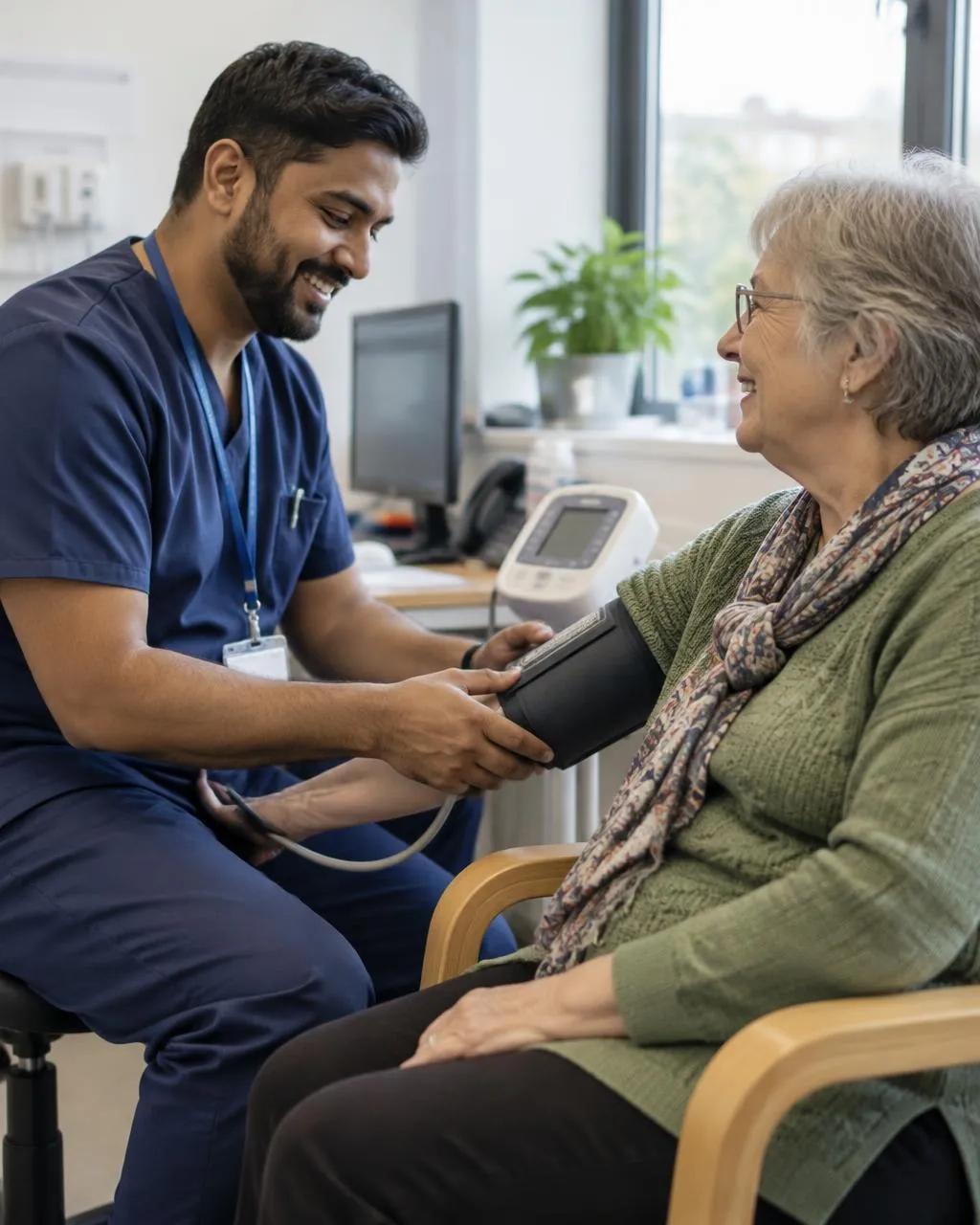 A healthcare assistant checking an older woman's blood pressure as they chat