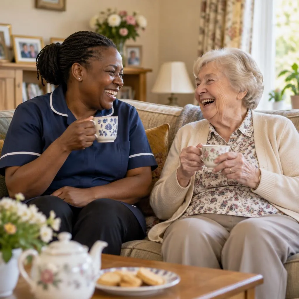 A home carer and an older woman laughing together over tea