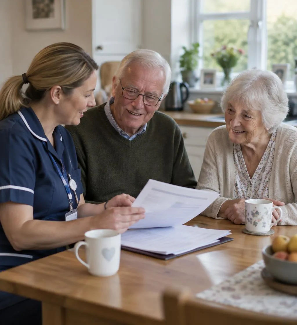 A community nurse going through a care plan with a smiling older couple at their kitchen table