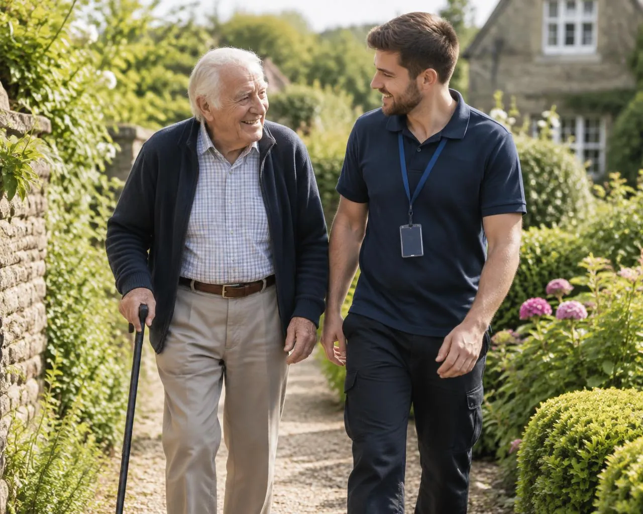 A support worker walking and chatting with an older man along a garden path
